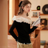 LOUIS YAO Slim Women's T-shirt 2025 Spring/Autumn Romantic French Elegance Color Contrasting Flower Bud Edge One Shoulder Tees