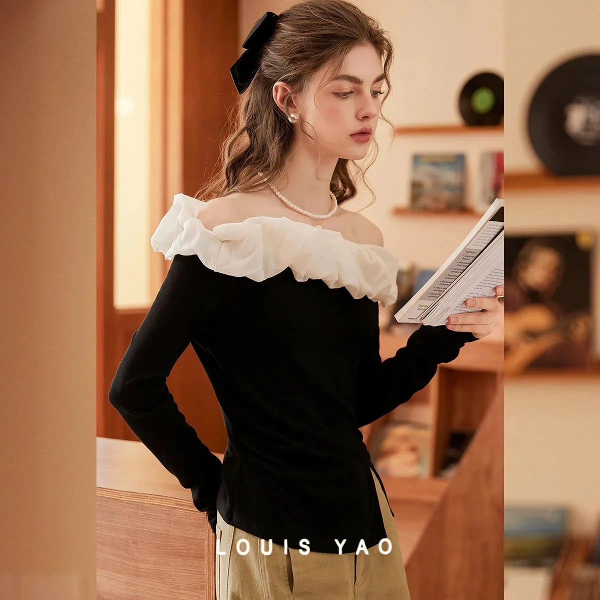 LOUIS YAO Slim Women's T-shirt 2025 Spring/Autumn Romantic French Elegance Color Contrasting Flower Bud Edge One Shoulder Tees