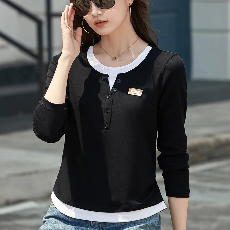 Deep Blue Long Sleeved T-Shirt for Women's Autumn New High-End Cotton Fashion Plus Size V-Neck Fake Two Piece Casual Top