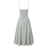 YENKYE Green Striped Floral Print Sexy Spaghetti Straps Dresses Women Elegant A-line Midi Vacation Party Dresses Summer Robe