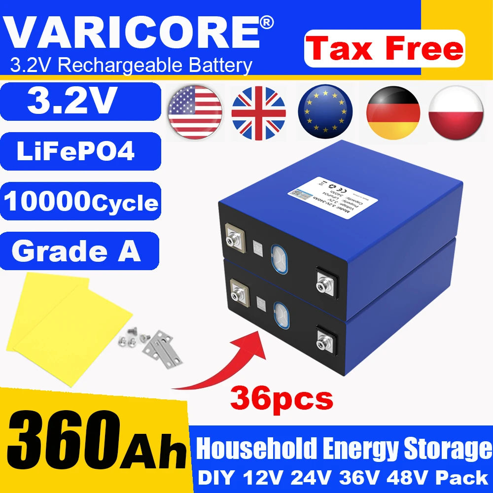 Grade A 3.2V 360AH 340Ah Battery LiFePO4 Lithium Iron Phospha for 12V 24V 4S E-scooter RV Solar Energy Storage System Duty-free