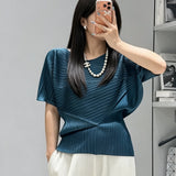 Pleated Top 2026 New Round Neck Short Sleeve Batwing T-Shirt Women Summer Lightweight Vacation Travel Women's Clothing