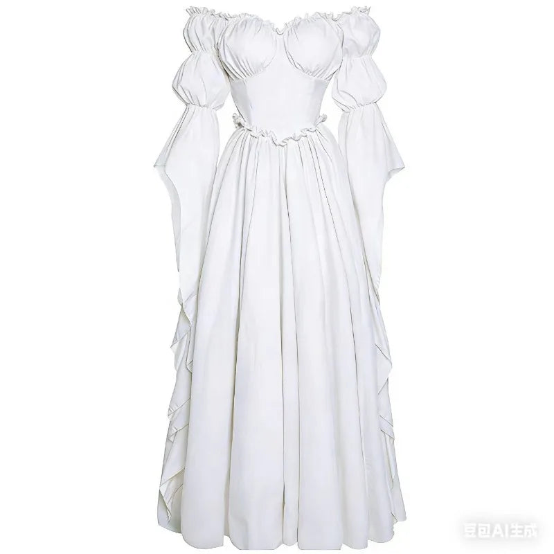 Women's Renaissance Gothic Court Off Shoulder Maxi Dress Vintage Ruffle Hem Medieval Victorian Stage Performance Costume Gown
