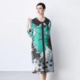 Miyake Pleated Drape Dress Women 2024 Spring Summer Colorblock Printing Lapel 3/4 Sleeve Single-breasted Fashion Shirt Dresses