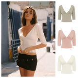 With Je Niche Design V-Neck Mid-Sleeve Slim-Fit Sexy Crop Top, Bodycon & Waist-Cropped for a Flattering Figure