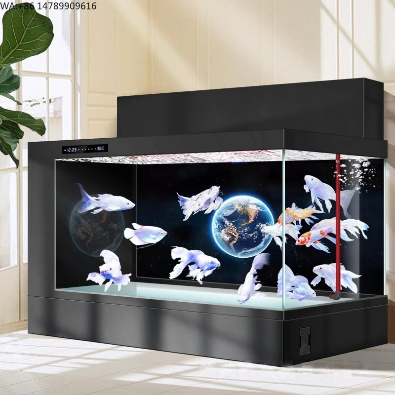 All-in-One AquariumUltra White Glass Side+Top Filtering LED Lights One Click Drainage Touch Screen Display Rectangle Aquarium Bu