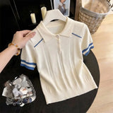 Women's Clothing Cool Silk T-shirt Summer Loose Knit Stripe Short Sleeve Casual Tee Lady Versatile Turn-down Collar Pullover Top
