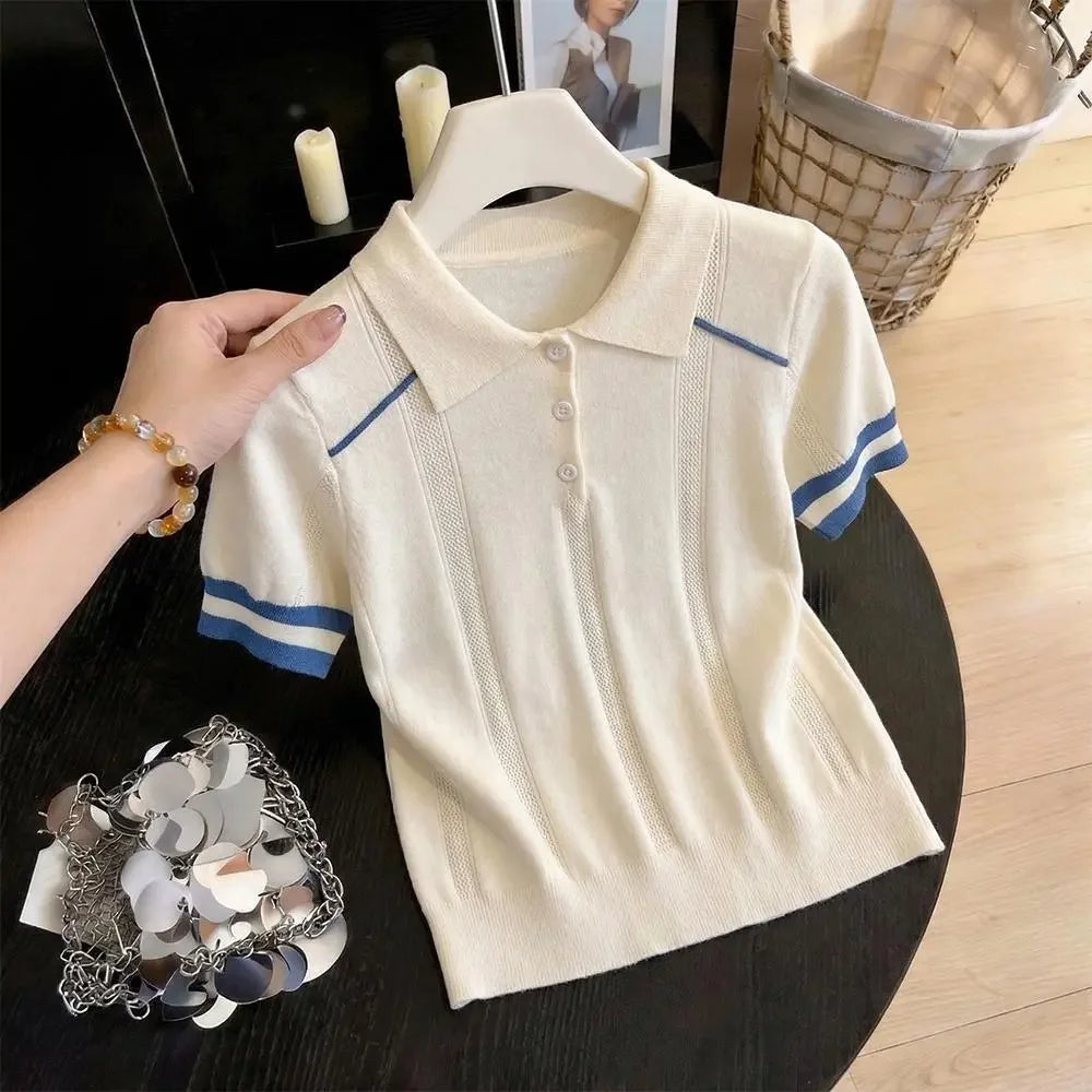 Women's Clothing Cool Silk T-shirt Summer Loose Knit Stripe Short Sleeve Casual Tee Lady Versatile Turn-down Collar Pullover Top
