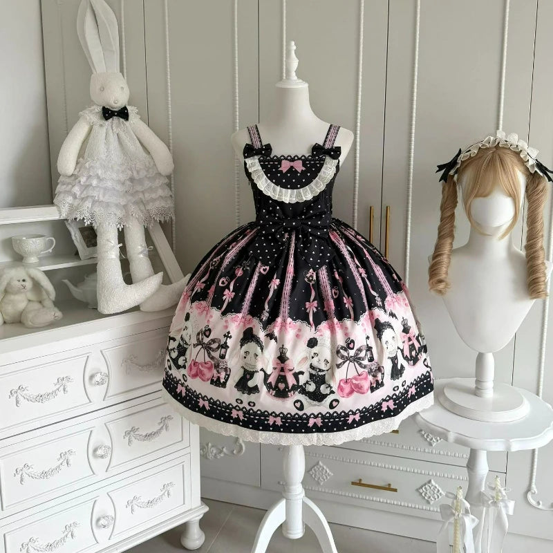 Japanese Kawaii Lolita Style Jsk Dress Women Sweet Cute Bow Lace Ruffles Party Mini Dresses Gothic Y2k Sleeveless Princess Dress