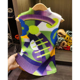 Miyake Pleated T-Shirt 2026 Summer New Art Print Half High Neck Vest Elegant Sleeveless Simple Fashion Tight Elastic Draped Top