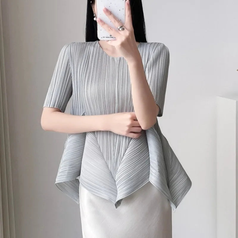 Pleated T-Shirt 2026 Summer New Ruffled Short Sleeve Top Elegant Commuter Women's Lightweight Stretch Non-Iron Clothing