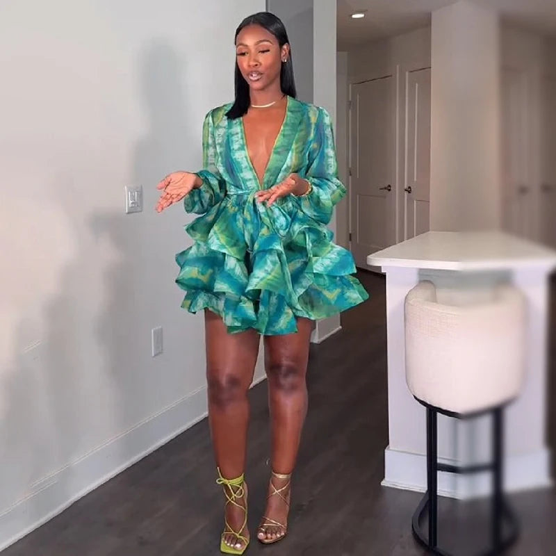 Elegant Sexy Mini Gowns Classic Green Waist Tie Tiered Ruffle Hem Dresses Summer Stylish Women Night Out Party Outfits