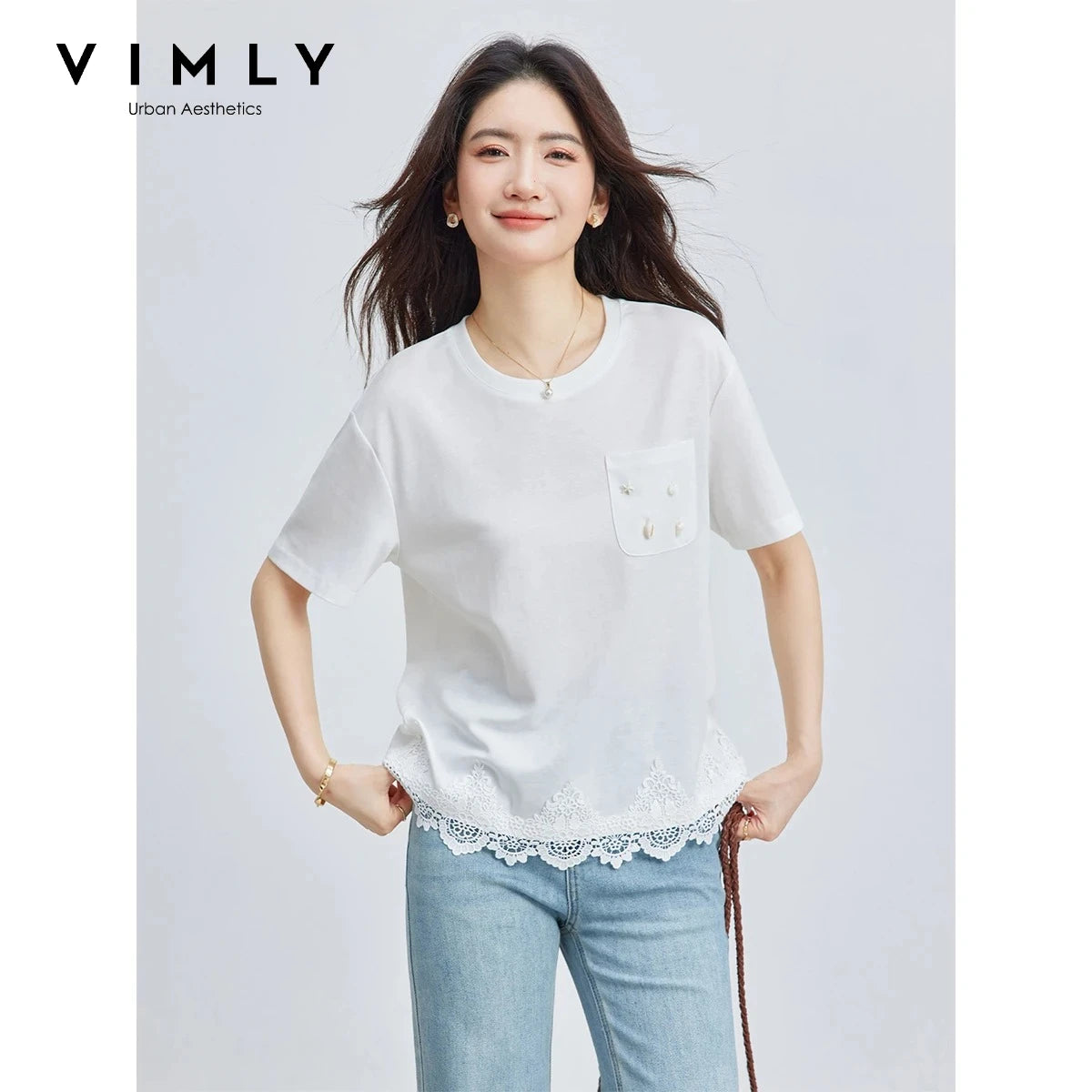 VIMLY French Simple White Short Sleeve Tee Women 2026 Summer Shell Pocket Lace Hem Loose Casual Mid-Length Knit T-shirt A6228
