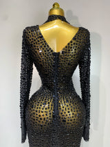 Sparkly Luxury Rhinstones Long Sleeve Elegant Party Dress Women 2025 Performance Stage Outfit Evening Birthday Prom Gown