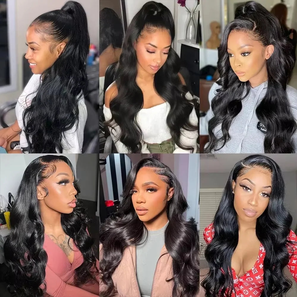 18-46 Inch Natural Black Body Wave 13x6 HD Transparent Lace Front Wig 200 Density Pre Plucked Hairline Supports Various Styling Creations