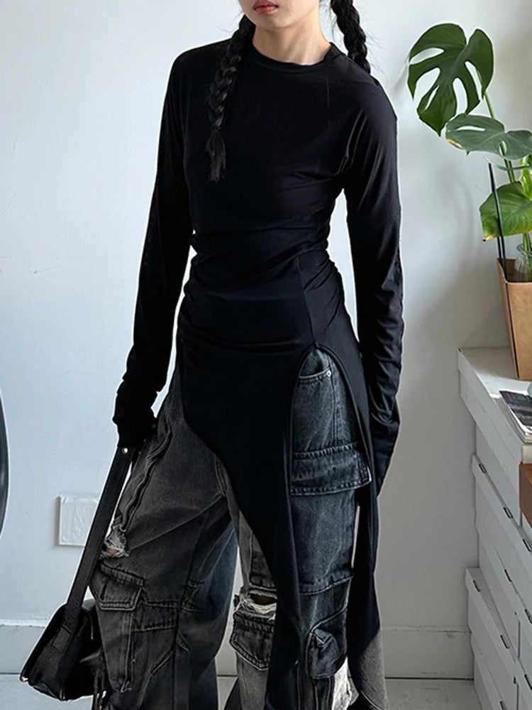 [EAM] Women White Irregular Hem Elegant Long Slim T-shirt New Round Neck Long Sleeve Fashion Tide Spring Autumn 2026 1DJ0097