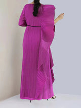 LANMREM Irregular Ruffled Pleated Maxi Dress Women Solid Color Round Neck Women's Elegant Festival Clothing 2024 Summer 2DA1460