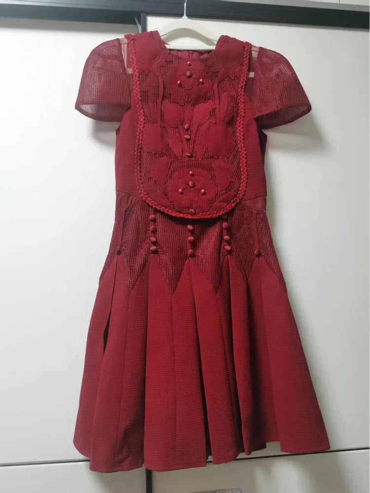DEAT Elegant Dress Embossed Hollowed-out Short Sleeved Pleated A-line Women's Evening Party Dresses 2026 Summer New Tide 35Z4328
