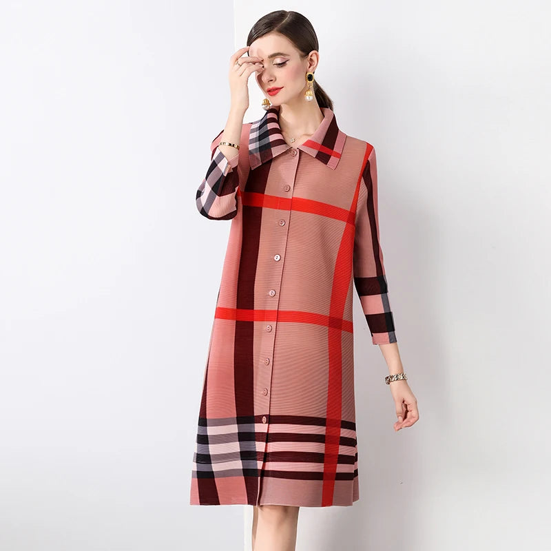 Autumn 2024 Arrival Miyake Fashionable Pleated Dress with Printed Stripes Chic Loose Collar Button Placket Color Locked Design