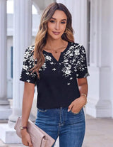 Womens Casual Short Sleeve V-Neck Floral Print Top