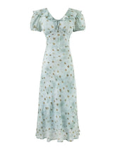 Chu Sau beauty Women New Fashion Sweet Polka Dot Print Chic Ruffles Midi Dress French V-Neck Puff Sleeve Vintage Party Dresses