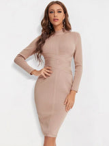 BEAUKEY Sexy Red Bandage Dress 2023 Nude Turtleneck Long Sleeves Office Bodycon Dress Cross Criss Women Midi Vestidos Maxi XL