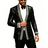 Men Black Sequin Blazer With White Embroidery Trim Slim Fit Peak Lapel Jacket Formal Wedding Groom Tuxedo For Party Prom