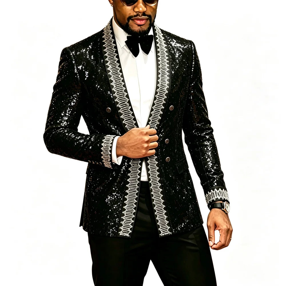 Men Black Sequin Blazer With White Embroidery Trim Slim Fit Peak Lapel Jacket Formal Wedding Groom Tuxedo For Party Prom