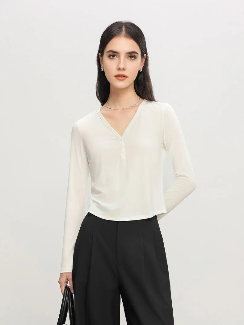 SuyaDream Women Solid Short T Shirts, Silk Viscose Blend, V Neck, Long Sleeved Tee, 2025 Spring Autumn Crop Top