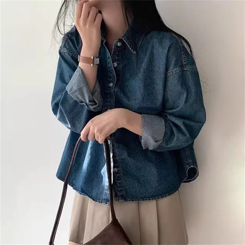 Korean Loose Casual Women's Denim Shirt Vintage Outerwear Spring Fashion Blusas Tops Long Sleeve Thin Casual Coats Street