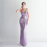 HBLL Women Strap Party Maxi Dress Sexy V Neck Evening Dress Celebrity Purple Sequin Dress Long Prom Formal Occasion Dress