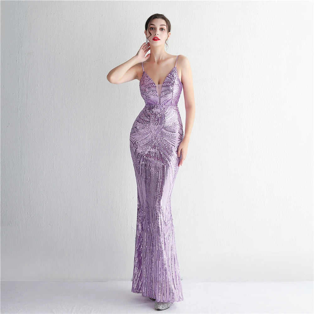 HBLL Women Strap Party Maxi Dress Sexy V Neck Evening Dress Celebrity Purple Sequin Dress Long Prom Formal Occasion Dress