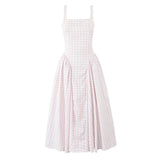 YENKYE Lace Up Bandage Plaid Sling Dress Women Elegant Square Neck Low Waist A-line Midi Summer Dresses Holiday Party Robe 2025