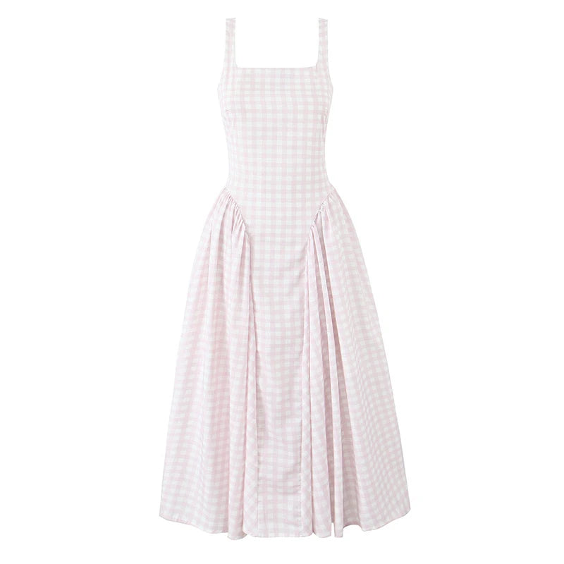 YENKYE Lace Up Bandage Plaid Sling Dress Women Elegant Square Neck Low Waist A-line Midi Summer Dresses Holiday Party Robe 2025