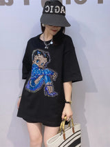 Casual Versatile Short Sleeve T-Shirt Women's Heavy Rhinestone Black Loose Fit Summer Top Breathable Cotton round Neck Sweats...