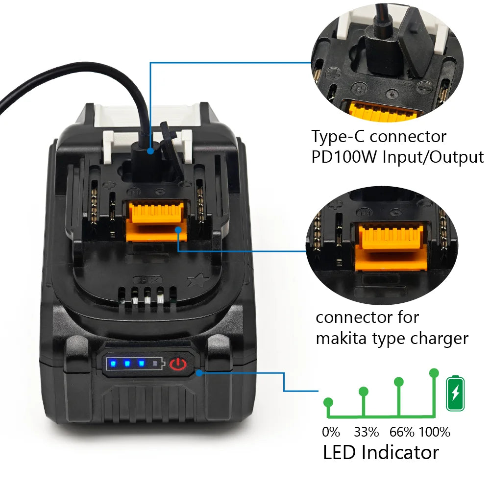 TPCELL PD100W 8Ah/10Ah For MAKITA 18V with USB-C Connector 21700 Tabless Cells Replacement Battery Power Tools Li-ion