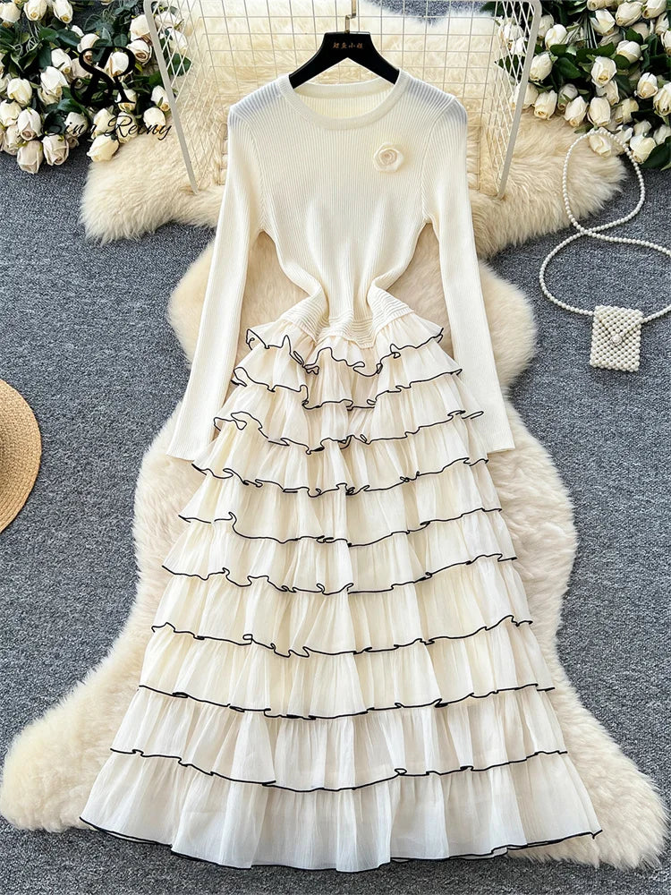 SINGREINY Autumn 3D Floral Spliced Long Dress 2025 Female O Neck Long Sleeves High Quality Slim Luxury Knitted Party Cake Dress