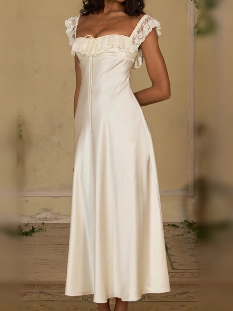 Elegant Lace Trim Shoulder Strap Satin Slip Dress Women Sweet Sleeveless Satin Flowy Gown Summer Lady Evening Party Vestidos