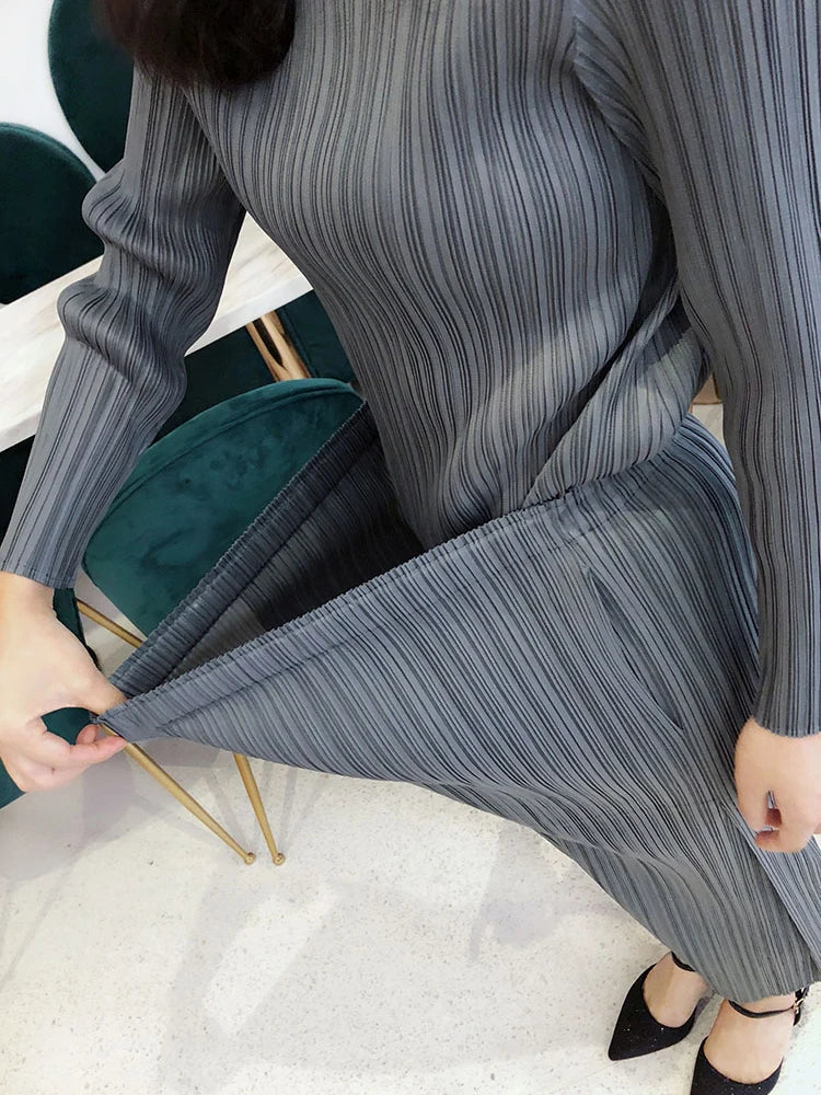 Miyake Pleated Classic Long Sleeved Tops Women Spring Autumn Elegant Causal T-shirt