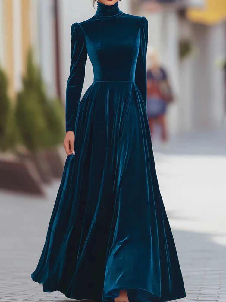 O Neck Solid Patchwork Chic Maxi Dress, Spring Autumn Women Casual Long Sleeve Party Dress, 2025 New Holiday Simple Ladies Dress