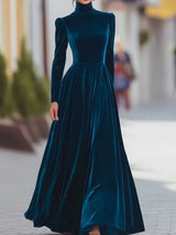O Neck Solid Patchwork Chic Maxi Dress, Spring Autumn Women Casual Long Sleeve Party Dress, 2025 New Holiday Simple Ladies Dress