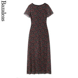 2025 Elegant lace Dress for summer V neckline Women short sleeve Party Dress midi rose Flora print holiday party dresses