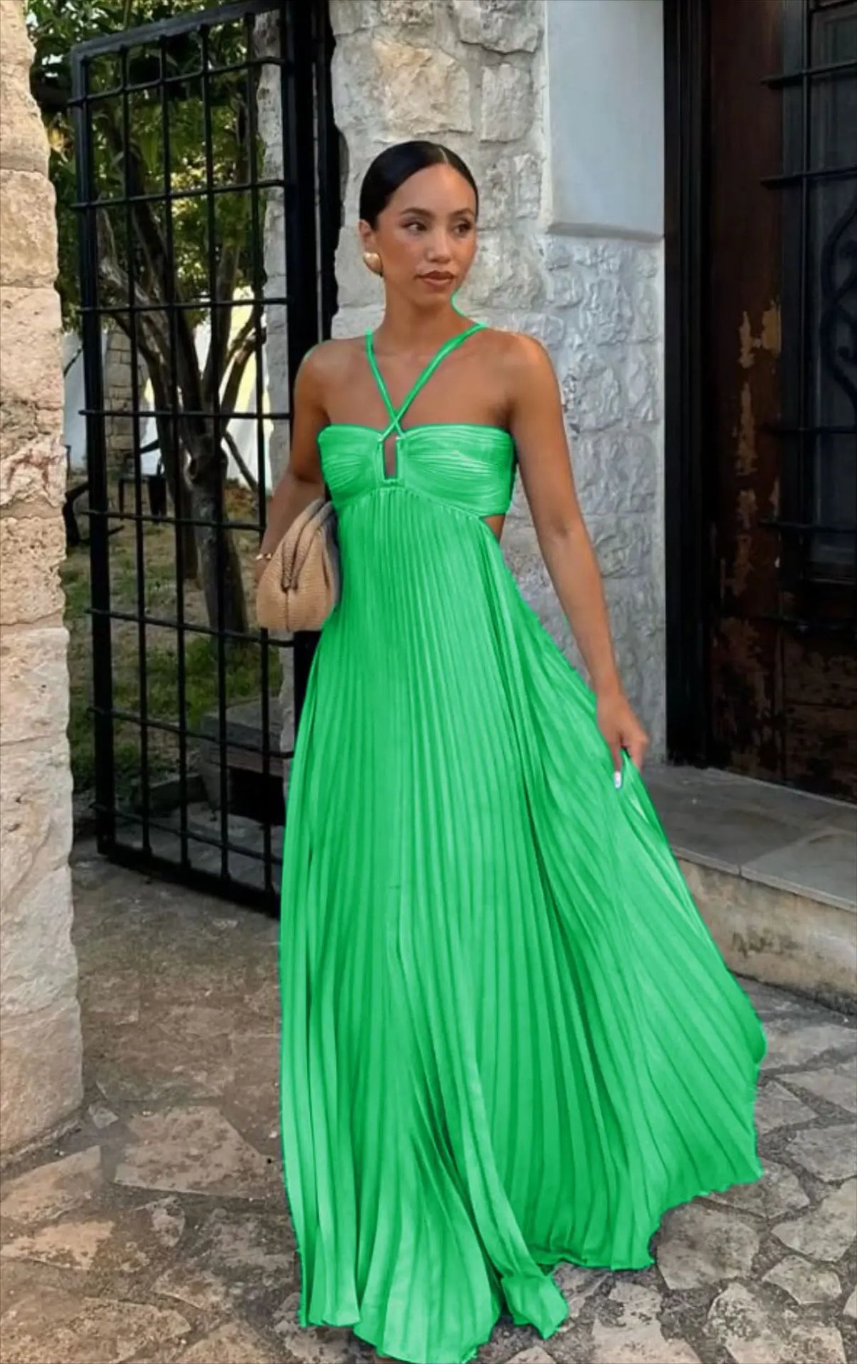 Blue Pleated Halter Long Dress Women's Solid Sleeveless Backless Lace-up Maxi Dress Summer Beach Vacation Evening Party Vestidos