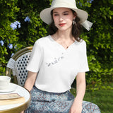 I BELIEVE YOU White Short Sleeved V-Neck T-Shirt 2026 Summer New Flower Embroidered Casual Breathable Top For Women 2262016297