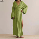 Oymimi Fashion Borwn Cotton Women's Dress Elegant V-Neck Long Sleeve Lace-Up Dresses Casual New Side Slit Ankle-Length Dresses