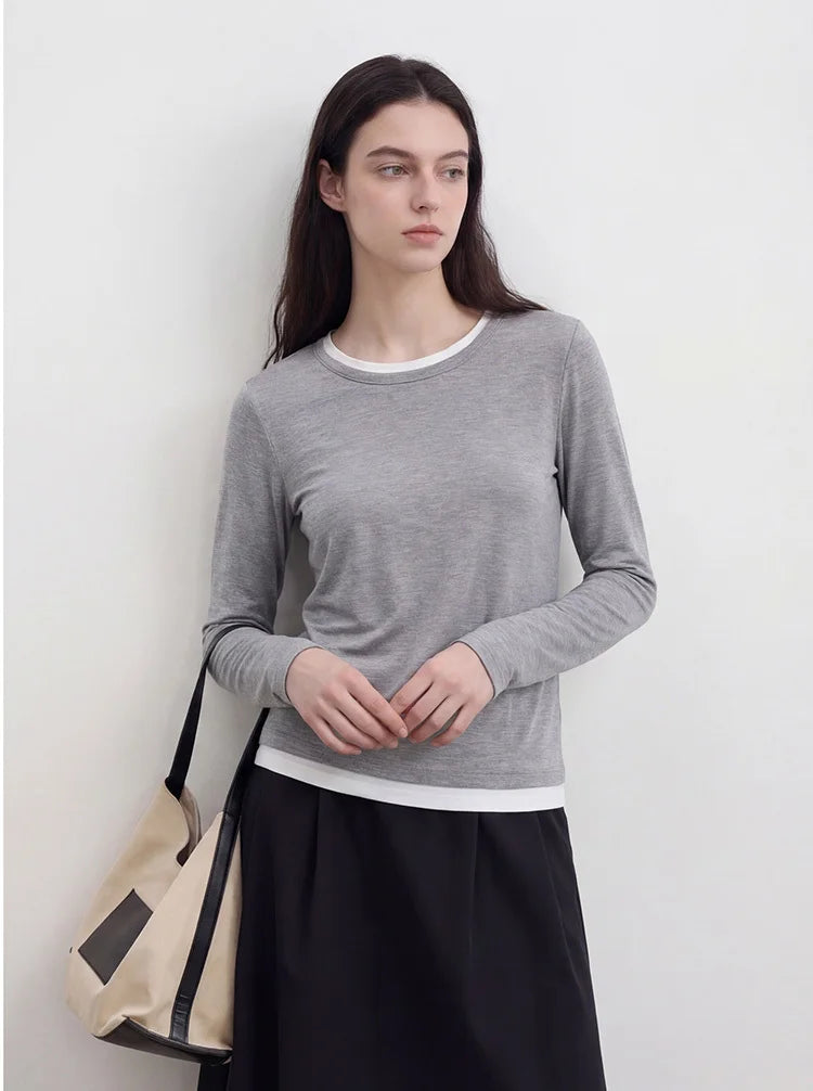 Women Fake Two-Piece T-shirt Spring Summer 6%Silk Round Neck Long Sleeve Basic T-Shirts Tops