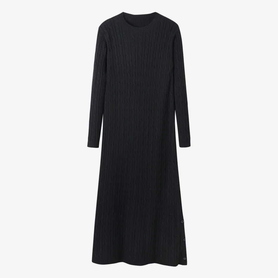AS AW2025 cable knitting maxi dress soft Sweater round neck woman clothes with buttons