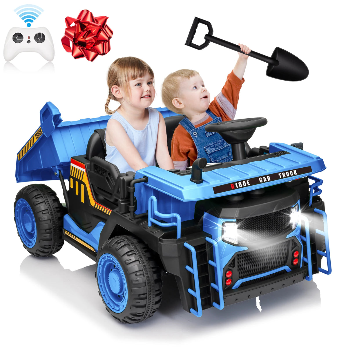 24V Ride on Toys w/Remote Control, 2 Seater 400W Ride on Dump Truck, Electric Powered Ride on w/Dump Bed, 3 Speeds, Shovel, Blue