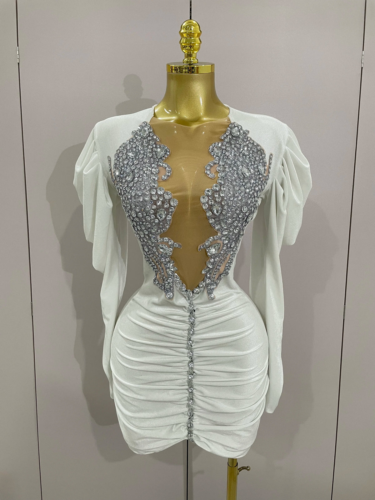 Luxury Sparkly Crystals Sexy Mesh White Velvet Short Dress 2025 Women Elegant Evening Prom Birthday Party Dresses Stage Costume