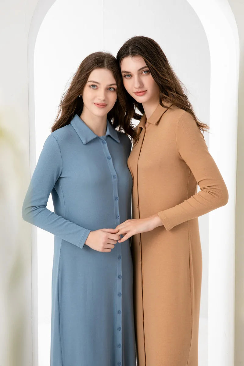 AS 2024 maxi dress button design woman clothes full sleeve Ankle Length comfortable ribbing clothing ( Ship out in 1 day)